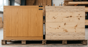 Two plywood panels side by side on a pallet in a lumber warehouse, showing the grain difference between hardwood birch plywood and softwood pine spruce plywood