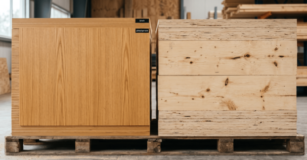 Two plywood panels side by side on a pallet in a lumber warehouse, showing the grain difference between hardwood birch plywood and softwood pine spruce plywood