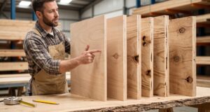 Carpenter pointing to a stack of plywood panels showing different face grades, from smooth defect-free A-grade to knotty lower-grade panels, in a lumber warehouse"