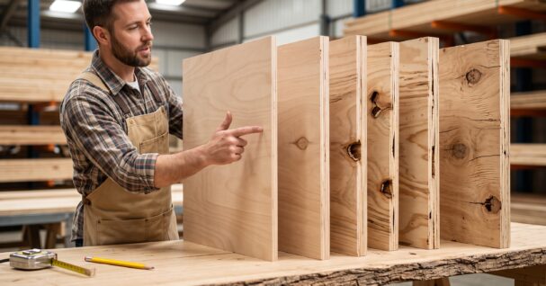 Carpenter pointing to a stack of plywood panels showing different face grades, from smooth defect-free A-grade to knotty lower-grade panels, in a lumber warehouse"