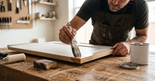 woodworker in a work apron sealing the edge of a white-primed MDF cabinet door panel