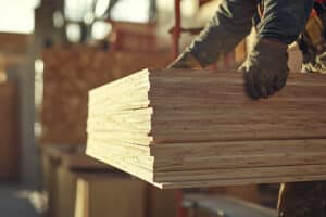 Construction worker lifting plywood sheets onto a scaffold