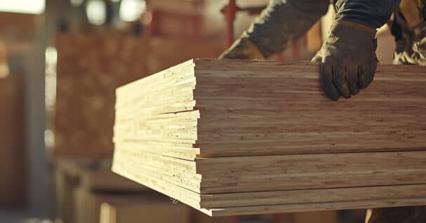Construction worker lifting plywood sheets onto a scaffold