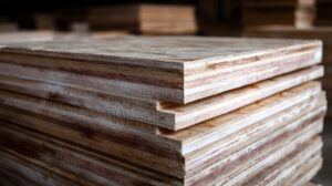 A stack of unfinished plywood sheets displaying layered wood grain texture ready for construction