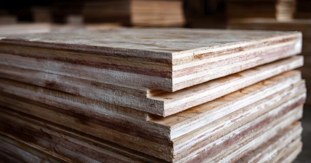 A stack of unfinished plywood sheets displaying layered wood grain texture ready for construction