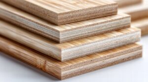 close up of bamboo plywood boards stacked