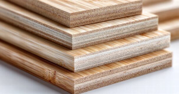 close up of bamboo plywood boards stacked