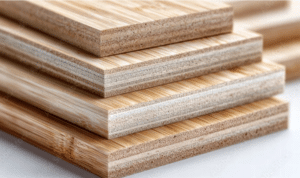 close up of bamboo plywood boards stacked