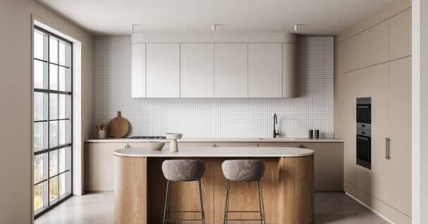 Modern minimalist kitchen interior with curved wooden island, beige cabinetry, and soft natural lighting in contemporary design style.
