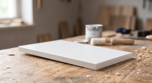 Smooth, flawlessly painted white MDF panel resting on a wood workbench, with a primer can, foam roller, and paintbrush blurred in the background, showing a professional painted MDF finish