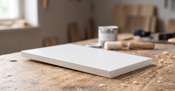 Smooth, flawlessly painted white MDF panel resting on a wood workbench, with a primer can, foam roller, and paintbrush blurred in the background, showing a professional painted MDF finish