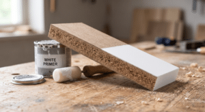 Close-up of an MDF board edge showing raw, unfinished fiber on one half and smooth white primer on the other, next to an open can of white primer and a foam roller on a wood workbench.