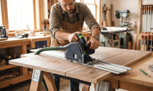 Woodworker using a track saw to cut a sheet of hardwood plywood in woodworking shop