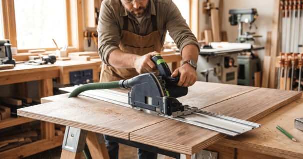 Woodworker using a track saw to cut a sheet of hardwood plywood in woodworking shop