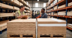inside a lumber and building materials warehouse, showing two stacked panel types side by side for comparison