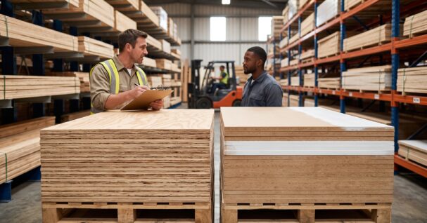 inside a lumber and building materials warehouse, showing two stacked panel types side by side for comparison